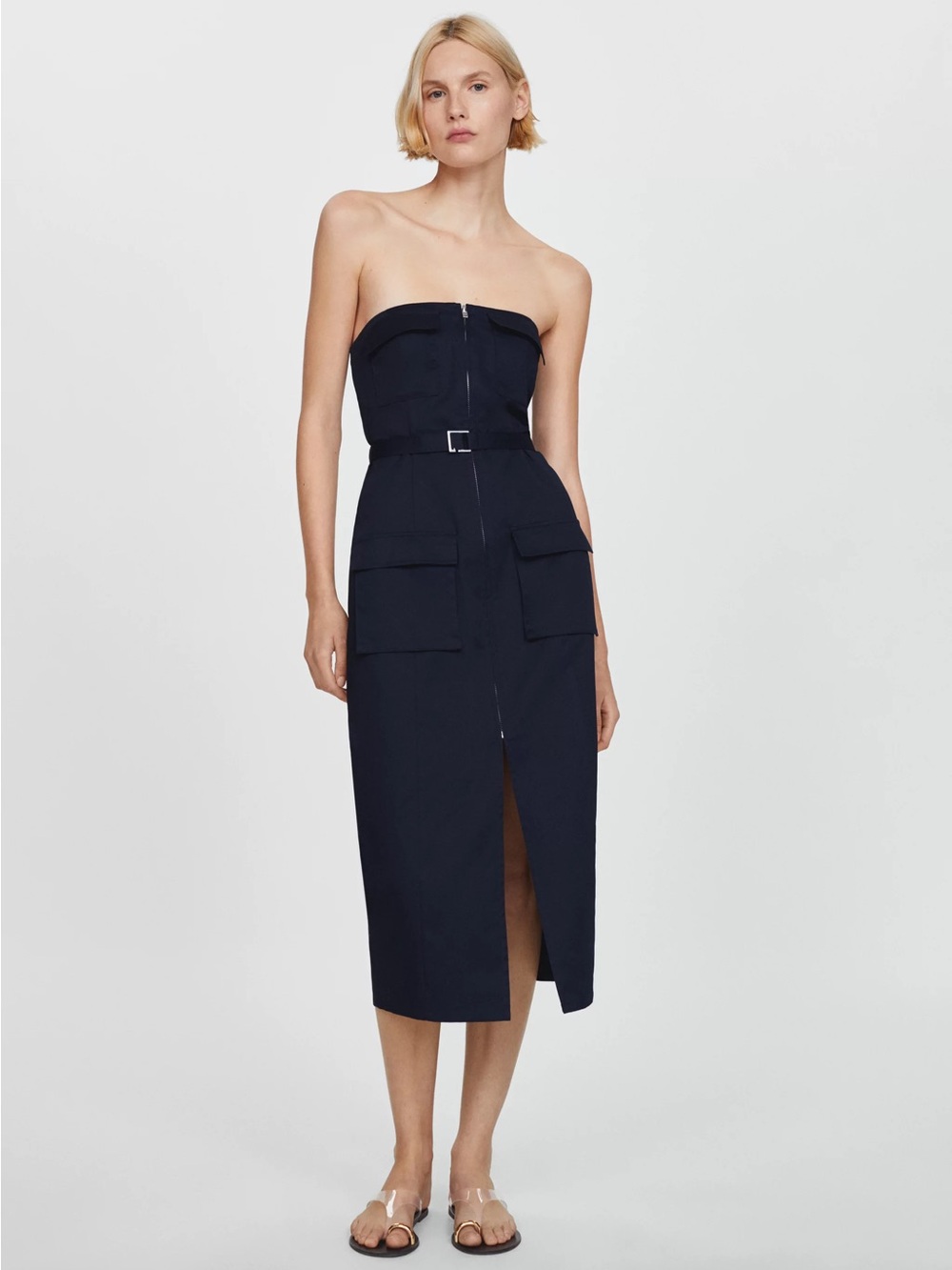 New MNG Mango Belted Strapless Utility Cargo Midi Cotton Dress Size 8